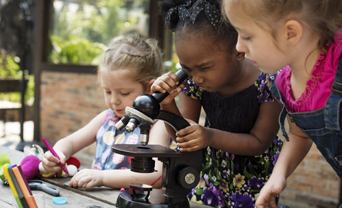 Two children looking through a microscope and small girl colouring